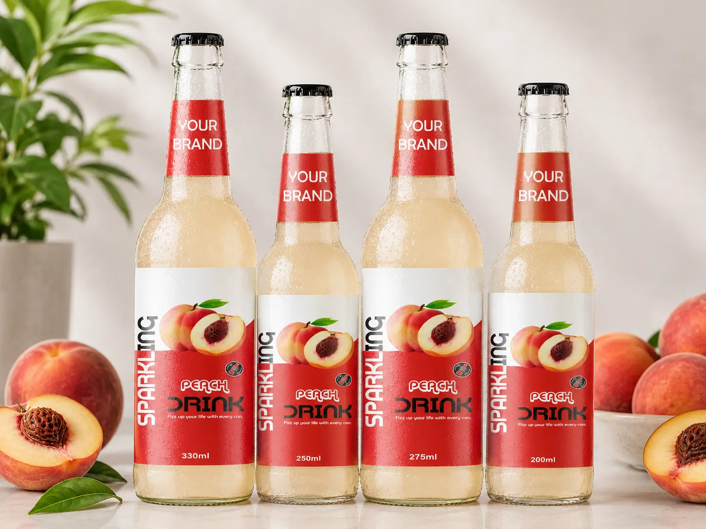 SPARKLING DRINK Peach Flavored Drink in 330ml, 250ml, 275ml, and 200ml glass bottles.